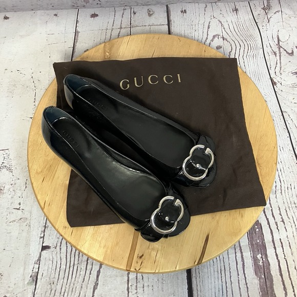 Gucci Ballet Flats Womens Size 37EU 7US Black Leather Buckle Peep Toe - Picture 1 of 11